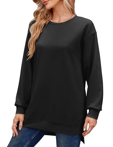 Florboom Sweatshirts Damen Oversized Rundhals Tasche Einfarbig Oberteil, Schwarz L von Florboom