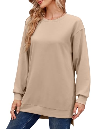 Florboom Sweatshirts Für Damen Oversize Langarm Shirts Elegant Oberteil Casual Tshirt, Khaki XXL von Florboom