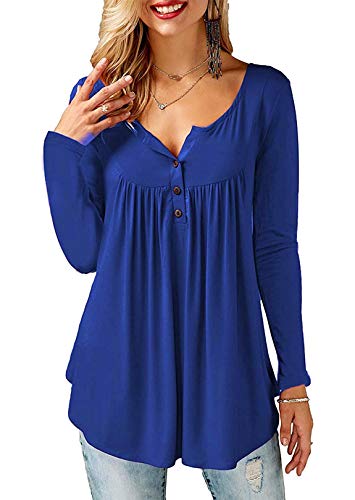 Florboom T-Shirt Damen Tunika Langarm V-Ausschnitt Henley Shirt Locker Bluse Tunika Tops Blau L von Florboom