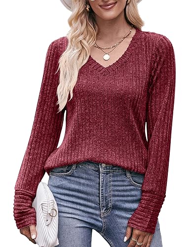 Florboom Top Damen Langarmshirt V-Ausschnitt Sweatshirt Elegant Tunika, Rot XL von Florboom