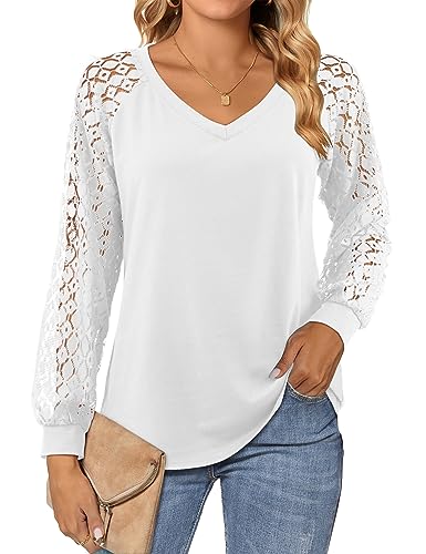 Florboom Tops Damen Langarmshirt Elegant T-Shirts Spitze Ärmel Locker Oberteile, Weiß L von Florboom