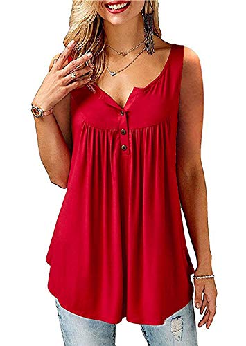 Florboom Tops Damen Tunika Sommer Ärmellos Knöpfe Shirt Plissiert Tanktop Basic Tshirt Rot XL von Florboom