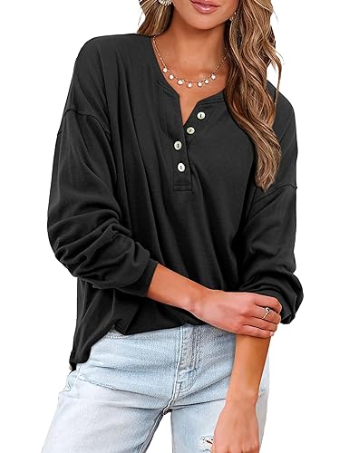 Florboom Tshirt Damen Lang Einfarbig Pullover Basic V-Ausschnitt Lose Langarmshirt Schwarz S von Florboom