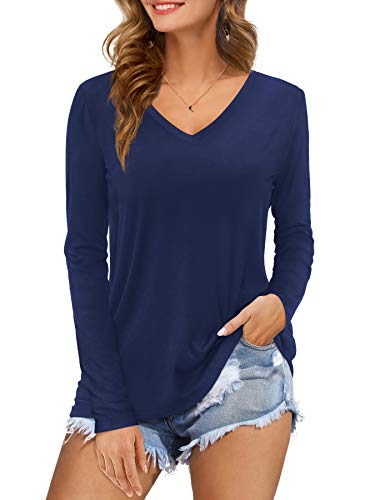 Florboom Tshirt Damen Langarm Longshirt Oberteile Locker Shirt Einfarbige Tops Blusen Dunkelblau L von Florboom