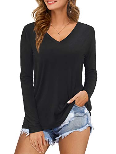 Florboom Tshirt Damen Langarm V Ausschnitt Oberteil Shirts Casual Longshirt Schwarz XL von Florboom