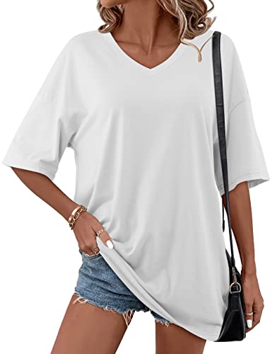 Florboom Tshirt Damen Locker Oversized V Ausschnitt Shirt Long Weiß XL von Florboom