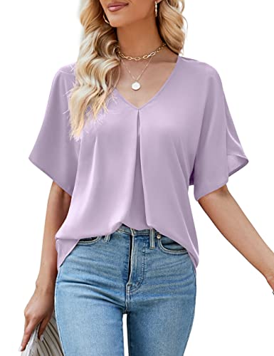 Florboom Tshirt Damen Sommer Kurzarm Oberteile V-Ausschnitt Tunika Blusen Lila Grau S von Florboom