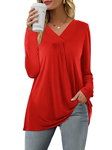 Florboom T-Shirt Damen Langarmshirt Tshirt Plissiert Einfarbiges Tunika Rot M von Florboom