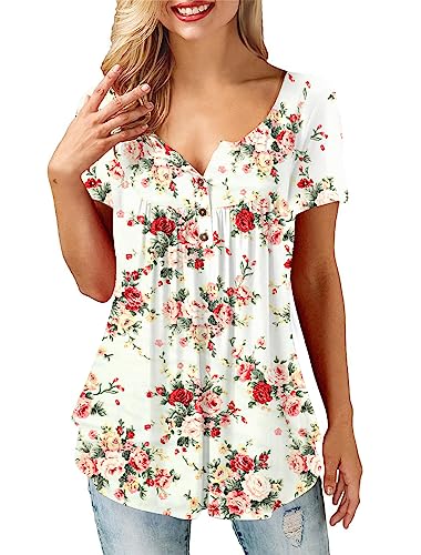 Florboom Tunika Damen Sommer Casual Tshirt Kurzarm Elegant Blusen Blumendruck Longshirt Weiß M von Florboom