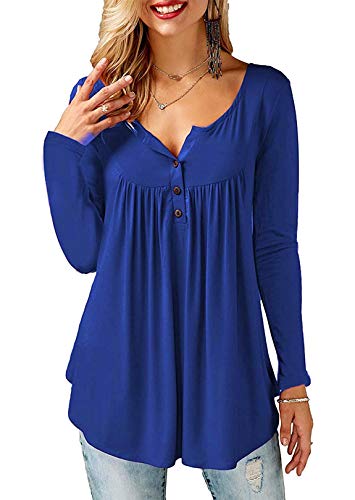 Florboom Tunika Damen T-Shirt Langarm V-Ausschnitt Knopfleiste Locker Bluse Tunika Tops Blau M von Florboom