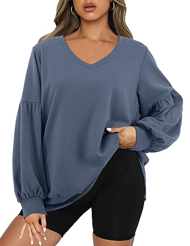 Florboom Weißes T-Shirt Damen Locker V-Ausschnitt Sweatshirt Einfarbige Tunika, Blau 2XL von Florboom