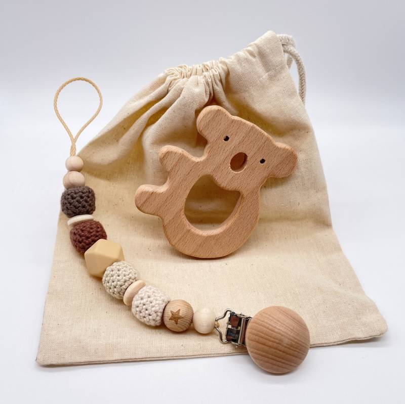 Baby Schnullerkette Coffee Beige Braun Babygeschenk Handmade Unisex Neutral Geschenk Babyparty Besuch Geburt Babybesuch Mädchen Junge von FlorentinasPahihi