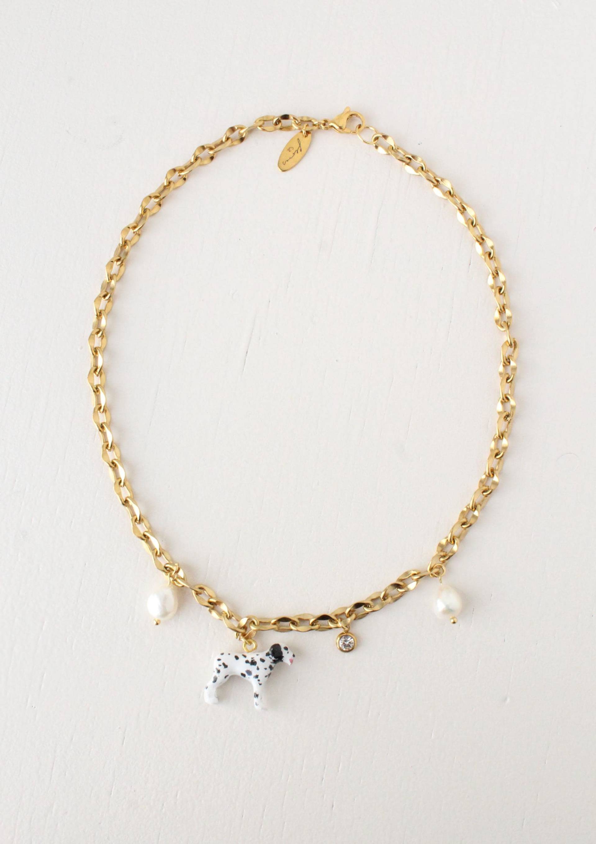 Dalmatiner Charms Halskette, Elegante Gold Perlen Anhänger, Zierliche Goldkette, Niedlicher Haustier Einzigartiges Geschenk Für Sie von FloresJewellery