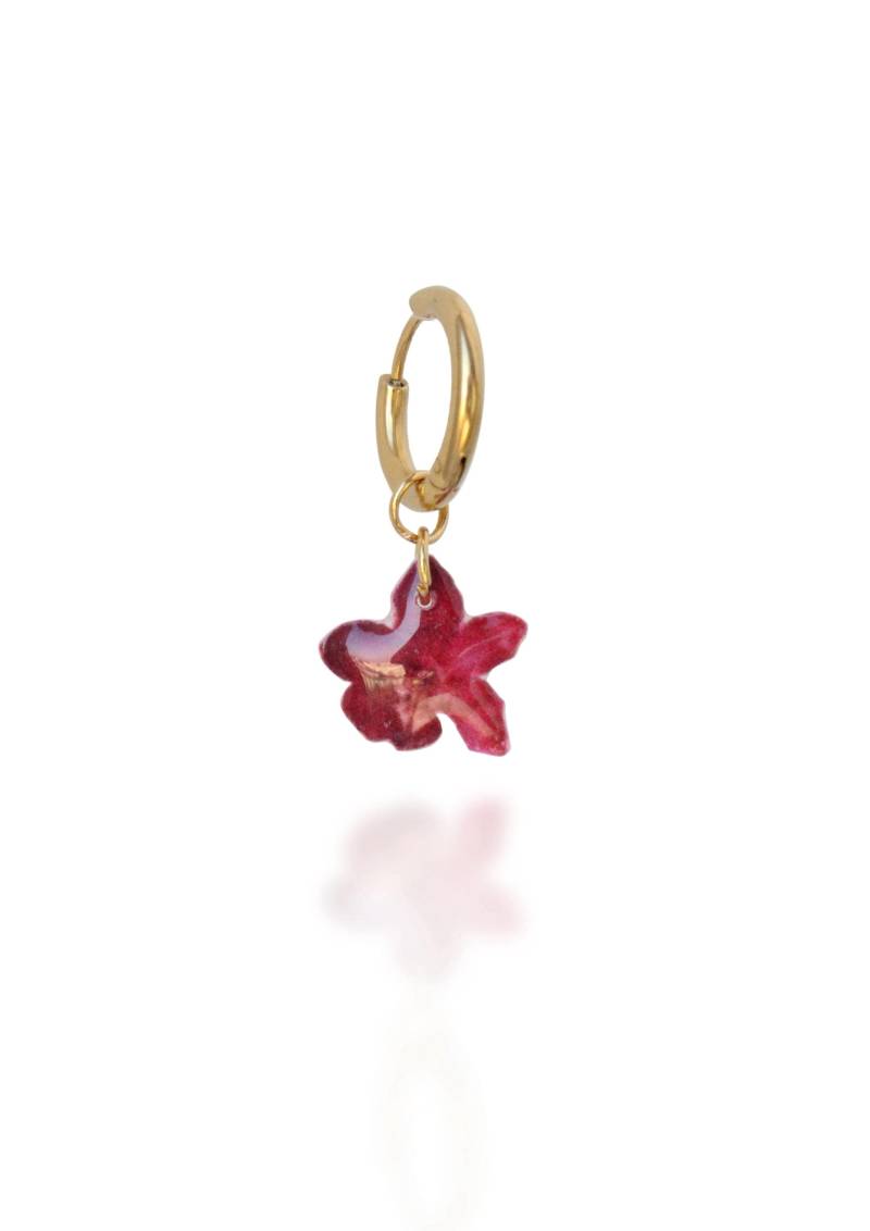 Kleine Blumen Ohrringe, Eleganter Schmuck Für Sie, Burgunder Blume Auf Goldener Creole, Frühling Accessoires, Zierliche Anhänger, Personalisiertes von FloresJewellery