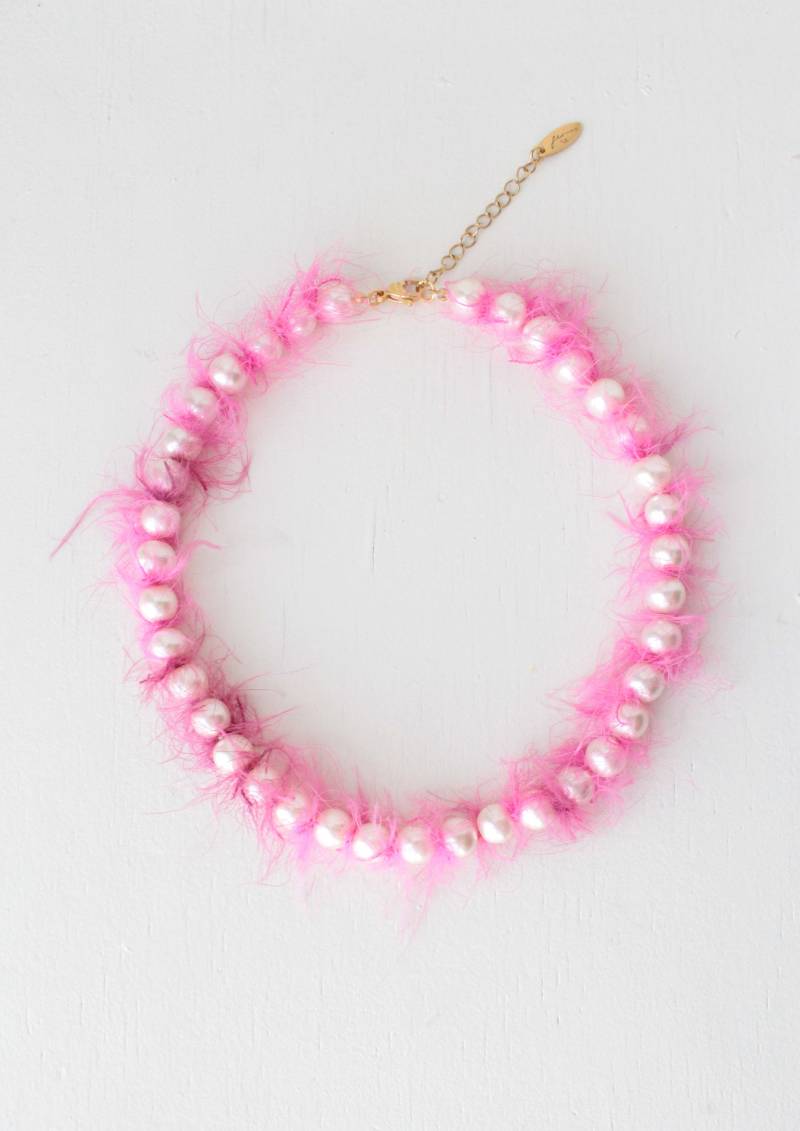 Rosa Puffy Halskette, Perlenkette Mit Rosa Flaum, Garnkette, Bequemer Schmuck, Mode Große Coole Halskette Für Frauen, Fee von FloresJewellery