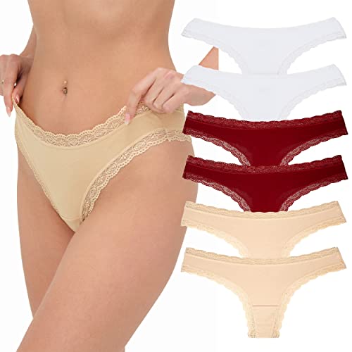 Floreta Damen String Tanga mit Spitze - 6er Pack aus Baumwolle - Atmungsaktiv und bequem (S, Weiß-Beige-Bordeaux) von Floreta