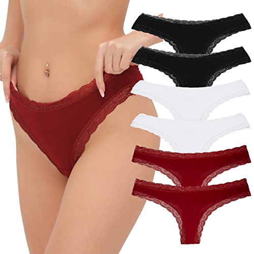 Floreta Damen String Tanga mit Spitze - 6er Pack aus Baumwolle - Atmungsaktiv und bequem (XS, Schwarz-Weiß-Bordeaux) von Floreta