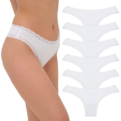 Floreta Damen String Tanga mit Spitze - 6er Pack aus Baumwolle - Atmungsaktiv und bequem (XS, Weiß) von Floreta