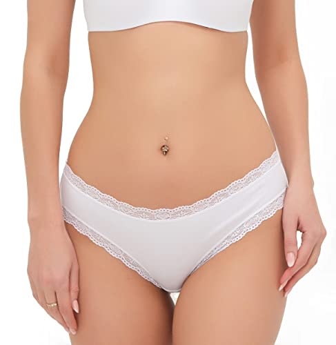 Floreta Unterhosen Damen 6er Pack Baumwolle Slips mit Spitze - Atmungsaktiv und bequem (L, Weiß) von Floreta