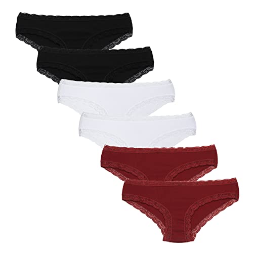 Floreta Unterhosen Damen 6er Pack Baumwolle Slips mit Spitze - Atmungsaktiv und bequem (M, Schwarz-Weiß-Bordeaux) von Floreta