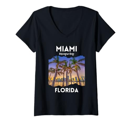 Damen Miami Florida Souvenir Reise USA Sommer Urlaub Familie T-Shirt mit V-Ausschnitt Damen Miami Florida Souvenir Reise USA Sommer Urlaub Familie T-Shirt mit V-Ausschnitt von Florida Beach Palm Trees Skyline Biscayne Lagoon