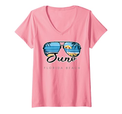 Damen Juno Beach Florida Palme Sonnenbrille Souvenir T-Shirt mit V-Ausschnitt Damen Juno Beach Florida Palme Sonnenbrille Souvenir T-Shirt mit V-Ausschnitt von Florida Beach Summer Co.