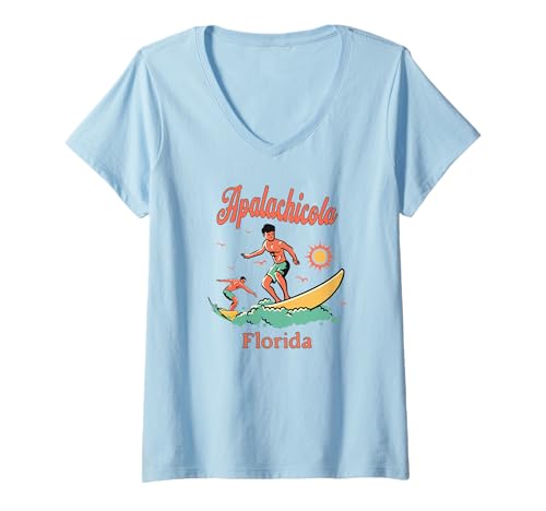 Damen Florida Apalachicola FL Surfer Surfen Angeln Strand T-Shirt mit V-Ausschnitt Damen Florida Apalachicola FL Surfer Surfen Angeln Strand T-Shirt mit V-Ausschnitt von Florida Surfer Surfing Wear