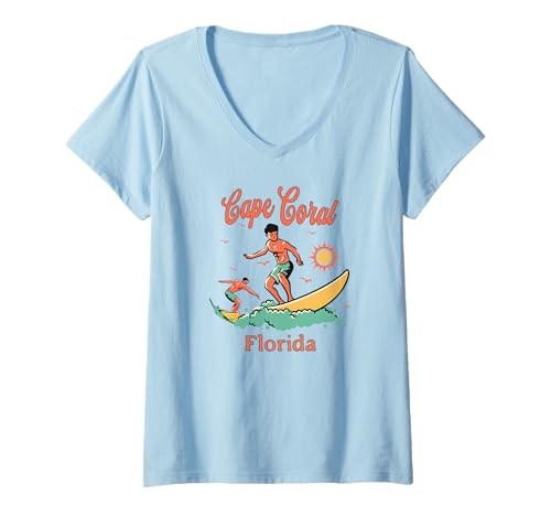 Damen Florida Cape Coral FL Surfer Surfen Angeln Boardwalk T-Shirt mit V-Ausschnitt Damen Florida Cape Coral FL Surfer Surfen Angeln Boardwalk T-Shirt mit V-Ausschnitt von Florida Surfer Surfing Wear