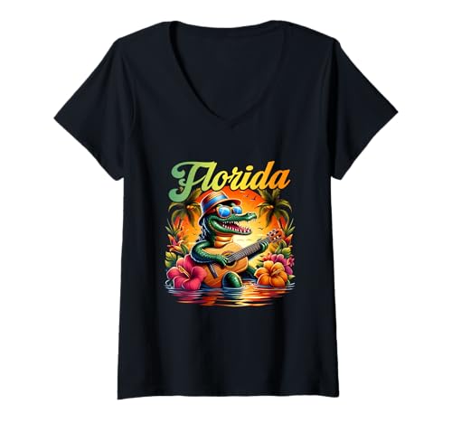 Damen Florida Vacation Alligator mit Sonnenbrillenhut spielt Gitarre T-Shirt mit V-Ausschnitt Damen Florida Vacation Alligator mit Sonnenbrillenhut spielt Gitarre T-Shirt mit V-Ausschnitt von Florida Vacation Alligator Sunglass Hat Playing
