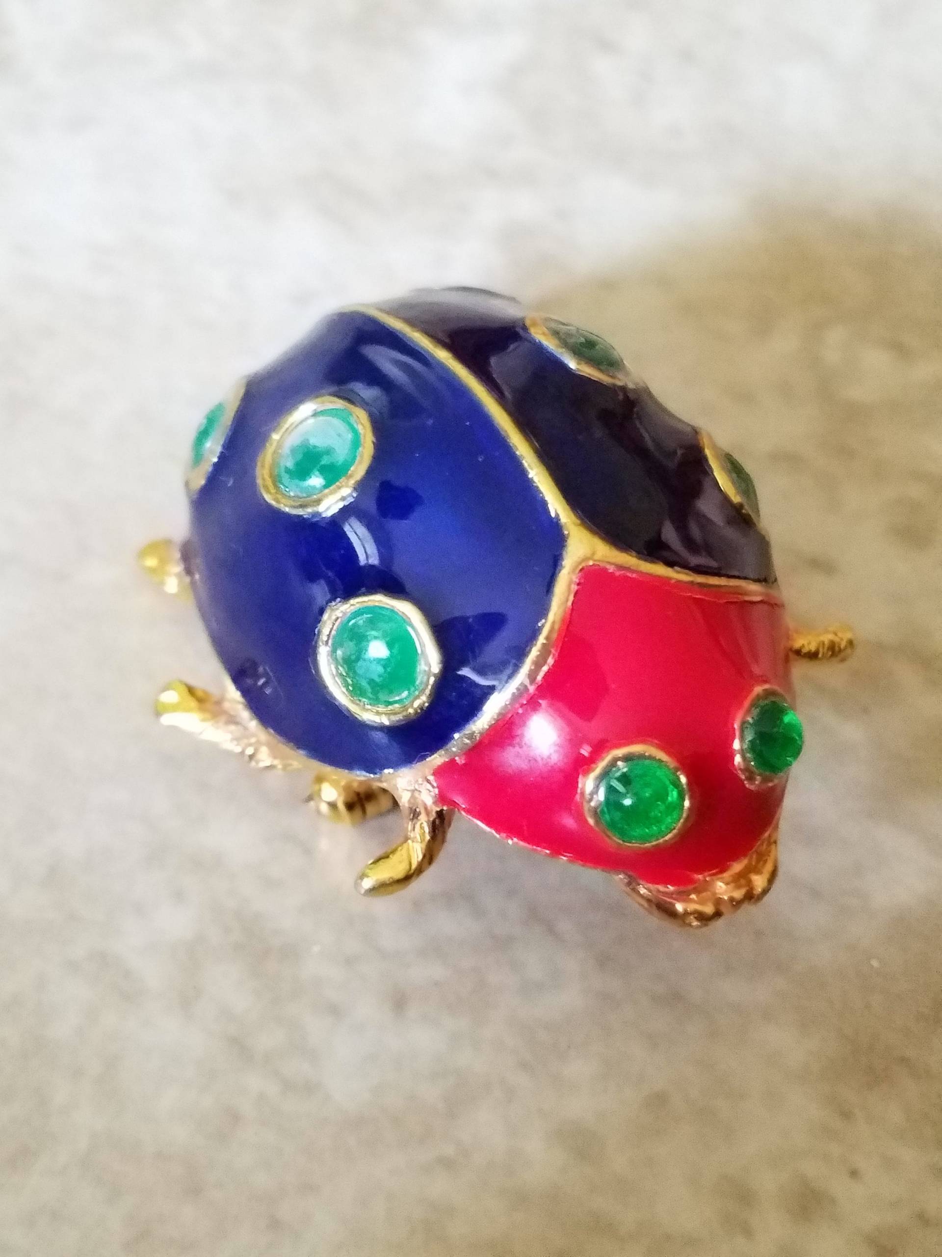 Seltene Kenneth Jay Lane 1960Er Jahre Marienkäfer Anstecknadel Brosche Vergoldung Glas Emaille Vintage Kjl Modeschmuck Glückskäfer Blau Rot Grün von FloridaLuckyGirl