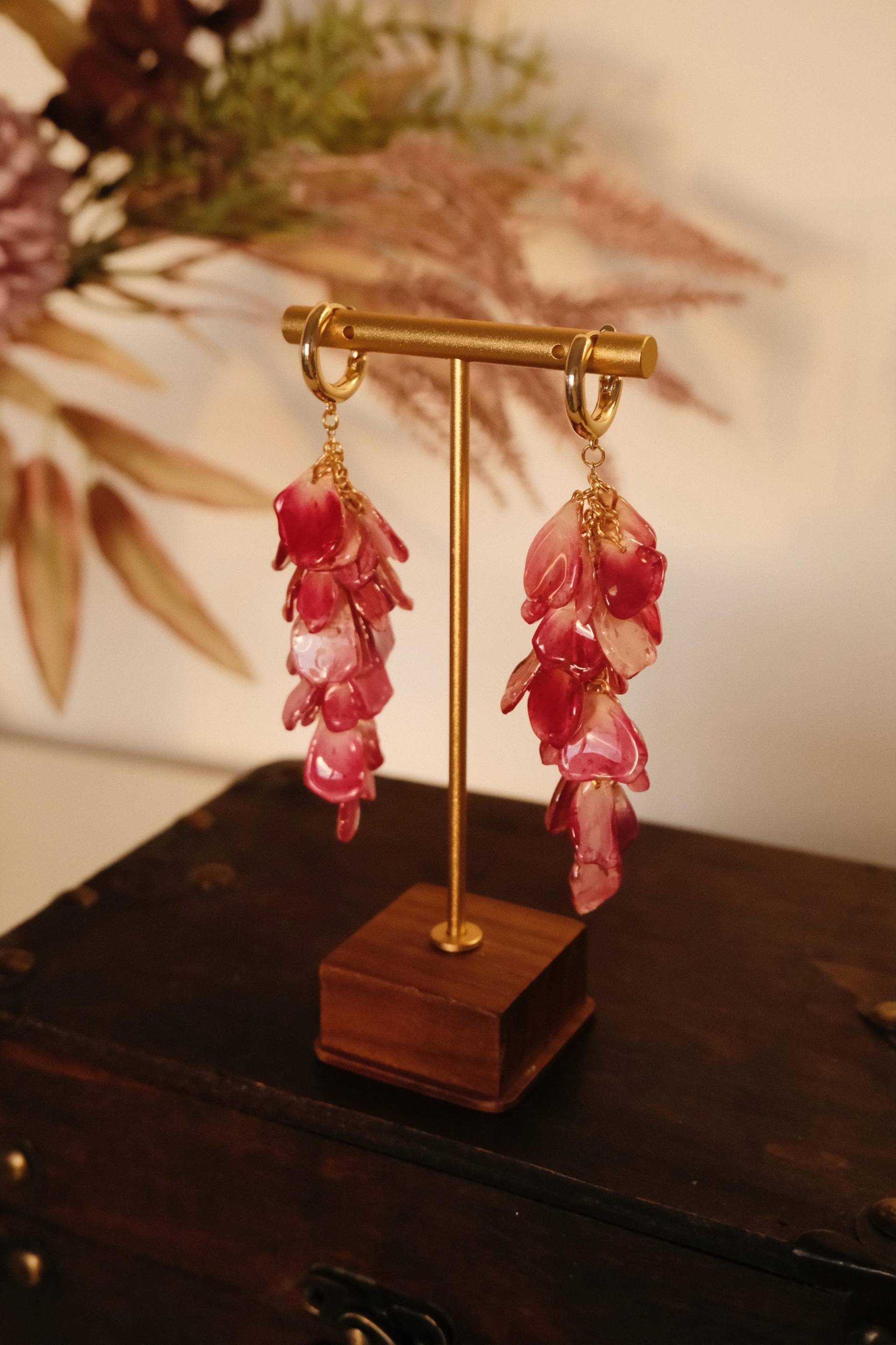 Real Rose Petal Earrings - Handmade Long Dangle Floral 18K Gold Plated Hoops Pressed Flower Jewelry Statement Gift For Her von FlorifyCreations