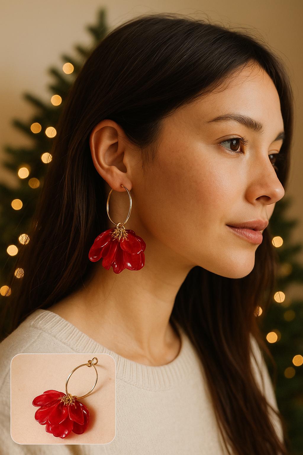 Red Pomegranate Flower Petal Earrings - Real Floral Jewelry, Christmas Mood, Limited Edition, 18K Gold Plated Hoops | Florifycreations von FlorifyCreations