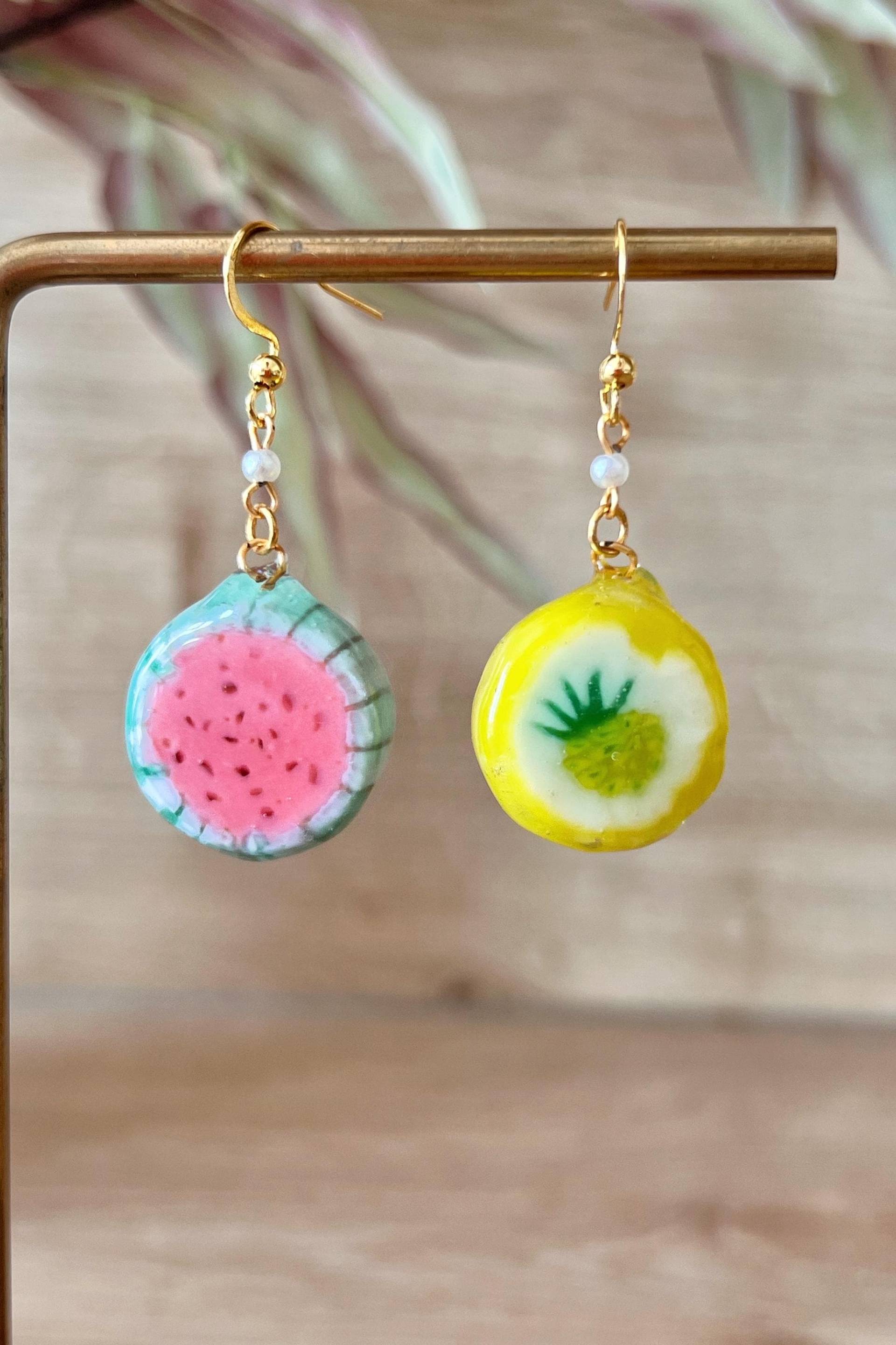 Watermelon & Pineapple Candy Earrings - Real Encased in Resin, Fun Fruit Jewelry, Quirky Statement Earrings, Handmade Gift For Her von FlorifyCreations