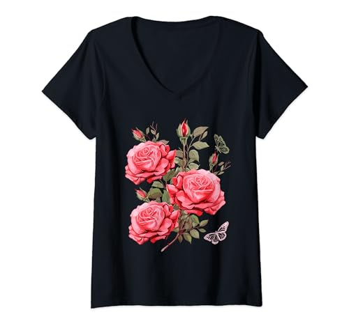 Damen Gärtner Flower Rosenstrauß mit rosa Rosen und Rosenblüten T-Shirt mit V-Ausschnitt Damen Gärtner Flower Rosenstrauß mit rosa Rosen und Rosenblüten T-Shirt mit V-Ausschnitt von Florist Rosenliebhaber Romantik Geschenke