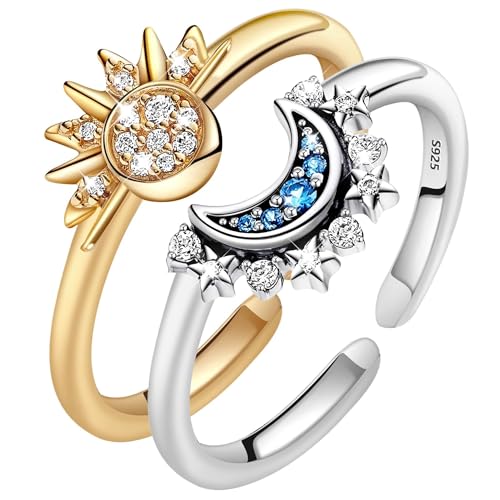 Flossty Sonne Mond Ringe Set, Verstellbare Gold Silber Freundschaftsringe für Frauen, Himmlische Sonne und Mond Ring Set Damenringe, Geschenk für Valentinstag von Flossty