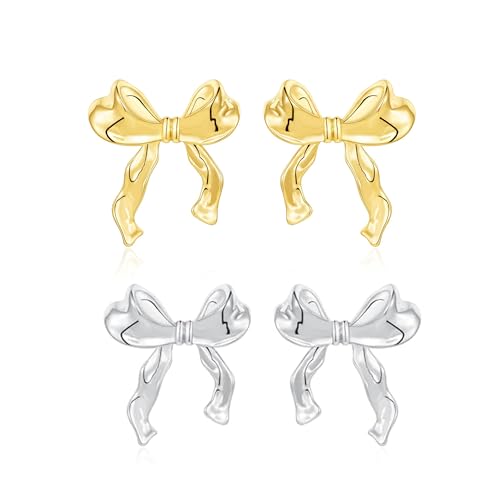Schleifen Ohrringe, Bow Earrings, Gold Silber Bogen Ohrstecker Ohrringe für Damen, Goldene Ohrringe Damen, Schleifen Schmuck Frauen (A3) von Flossty