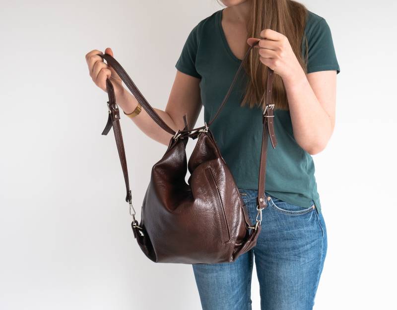 2 in 1 Wandelbarer Rucksack Leder, Braune Geldbörse, Leder Tragetasche, Laptop Rucksack, Handtasche, Dark Schokolade Schultasche von FlouBag