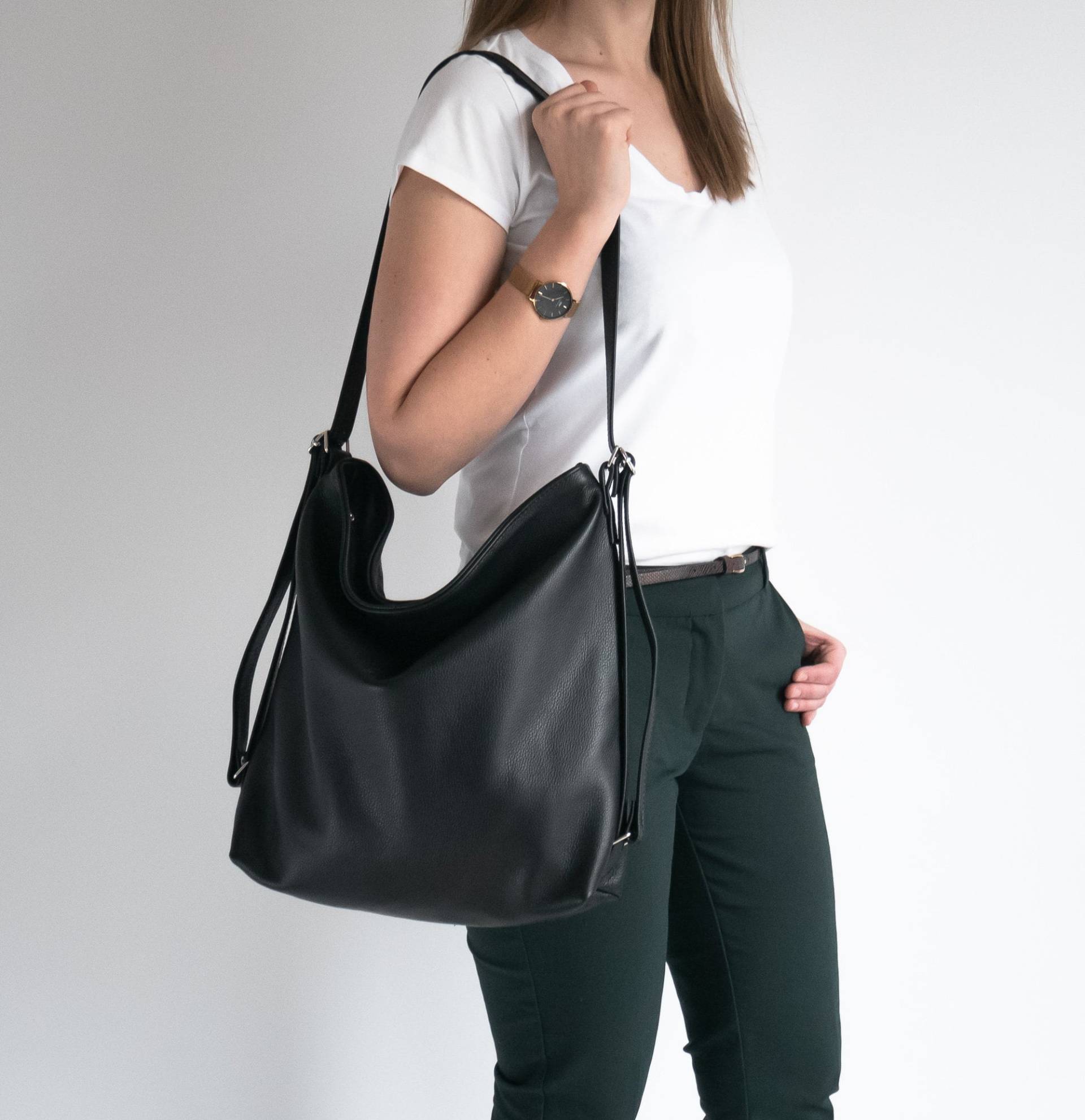 Black Convertible Rucksack, Schultertasche, Leder Rucksack Geldbeutel, Natur Hobo Tasche, Crossbody Handtasche, Schultasche von FlouBag