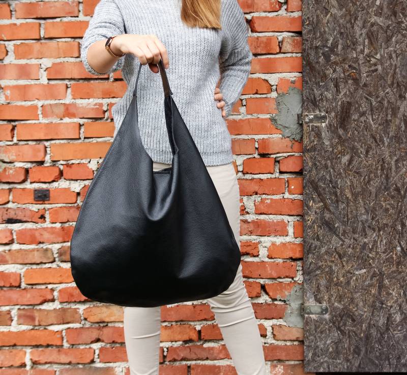 Schwarze Leder Hobo Tasche - Oversize Schultertasche Jeden Tag Geldbörse Weiche Lederhandtasche Für Frauen von FlouBag