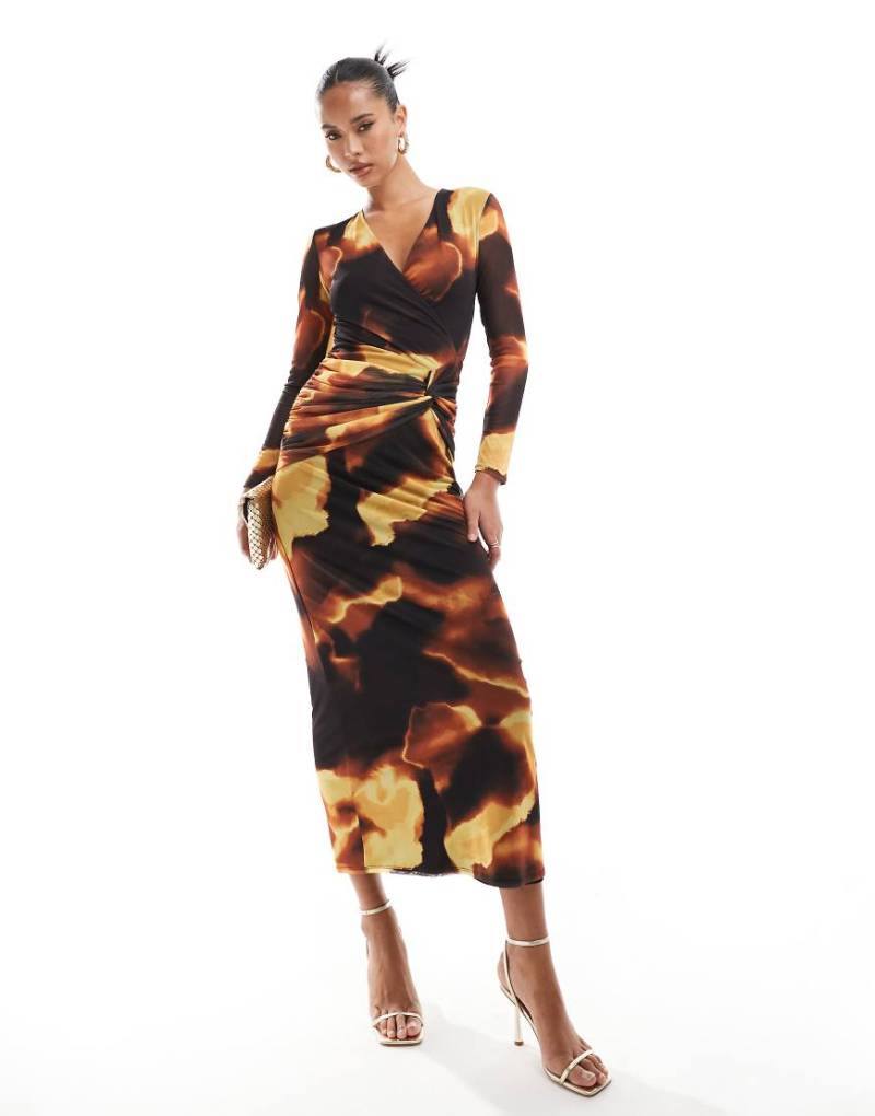 Flounce London - Maxikleid aus Netzstoff mit braunem Druck, tiefem Ausschnitt und verdrehter Vorderseite-Bunt von Flounce London