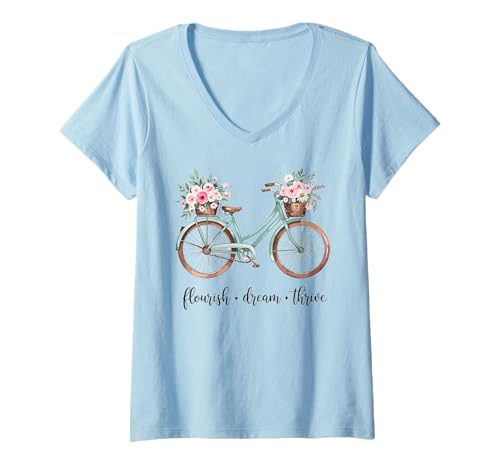 Damen Flourish Dream Thrive Floral Bike Damen Cute T-Shirt mit V-Ausschnitt Damen Flourish Dream Thrive Floral Bike Damen Cute T-Shirt mit V-Ausschnitt von Flourish Dream Thrive Bike Lovers Casual Wear