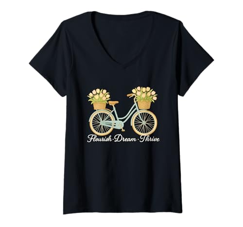 Damen Flourish Dream Thrive Lovely Floral Bike mit Tulpen-Korb T-Shirt mit V-Ausschnitt Damen Flourish Dream Thrive Lovely Floral Bike mit Tulpen-Korb T-Shirt mit V-Ausschnitt von Flourish Dream Thrive Wildflower Apparel