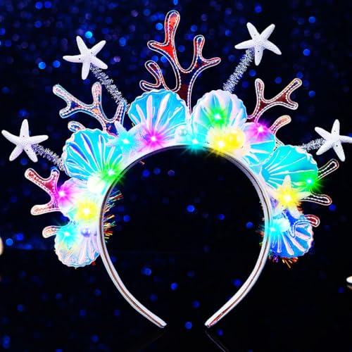 Floevl LED Meerjungfrau Haarreif Leuchtende Muschel Perlen Haarreif Glitzer Muscheln Meeres-Thema Accessoire für Damen von Flovel