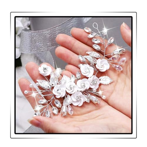 Flovel Blumen Haarranke für die Braut zur Hochzeit Silbernes Haarband für die Braut zur Hochzeit Haarschmuck mit Perlenblättern und Strasssteinen für Frauen und Mädchen von Flovel