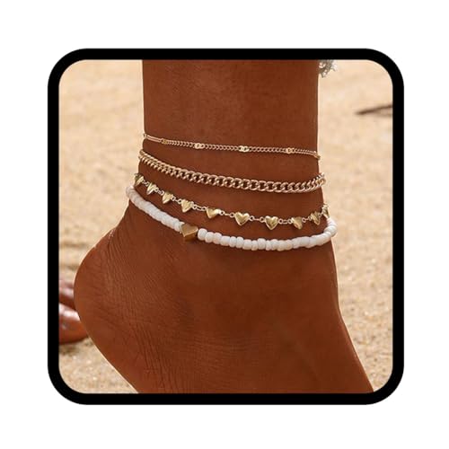 Flovel Boho Fußkettchen mit Perlen Goldfarbene Fußkettchen Armbänder Herz Sommer Strand Fußkette für Damen von Flovel