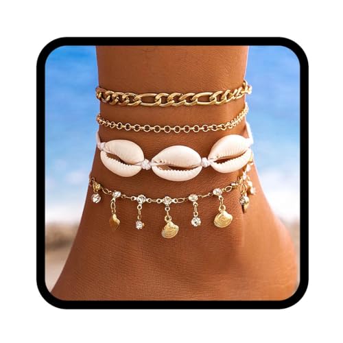 Flovel Boho Muschel Fußkettchen Goldfarbene Strass Knöchelarmbänder Geschichtete Sommer Strand Fußkette für Frauen von Flovel