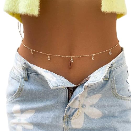 Flovel Boho Perlen Bauchkette Strass Taillenkette Gold Kristall Körperkette Verstellbarer Schmuck für Frauen und Mädchen von Flovel