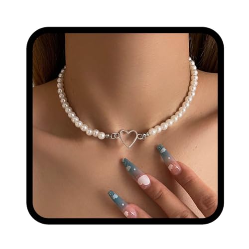 Flovel Boho Perlen Choker Halskette Silberne Herz Halskette Elegante Halskette für Frauen und Mädchen von Flovel