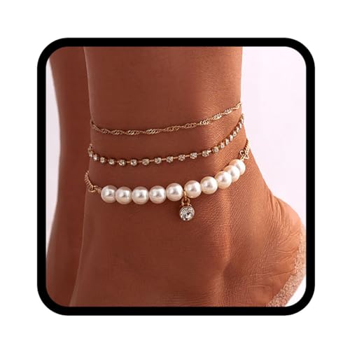 Flovel Boho Perlen Fußkettchen Vergoldete Fußkettchen Strass Anhänger Sommer Strand Fußkette für Frauen von Flovel