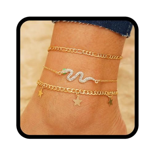 Flovel Boho Schlangen Fußkettchen Goldfarbene Fußkettchen Armbänder Stern Sommer Strand Fußkettchen für Damen von Flovel